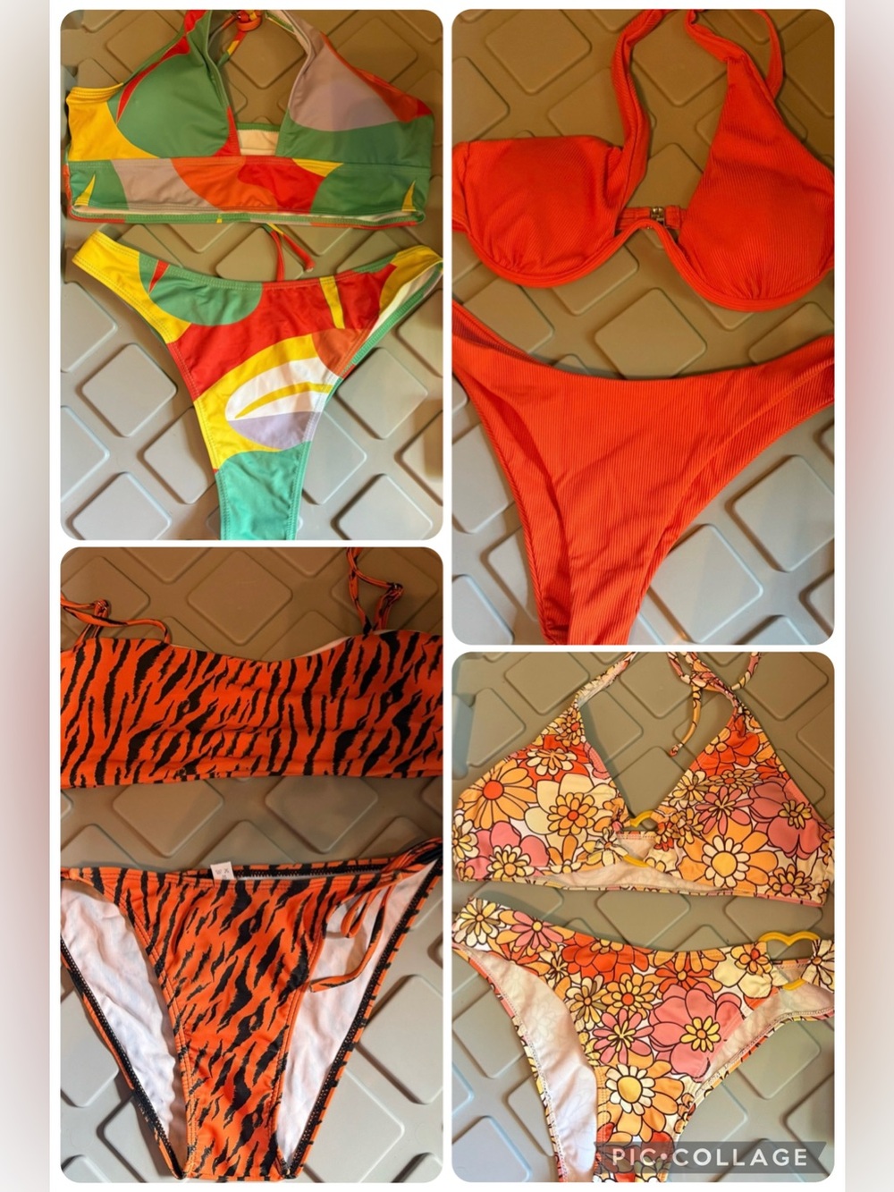 Lot of 4 MEDIUM Orange Bikinis Floral Hippie Tiger Retro